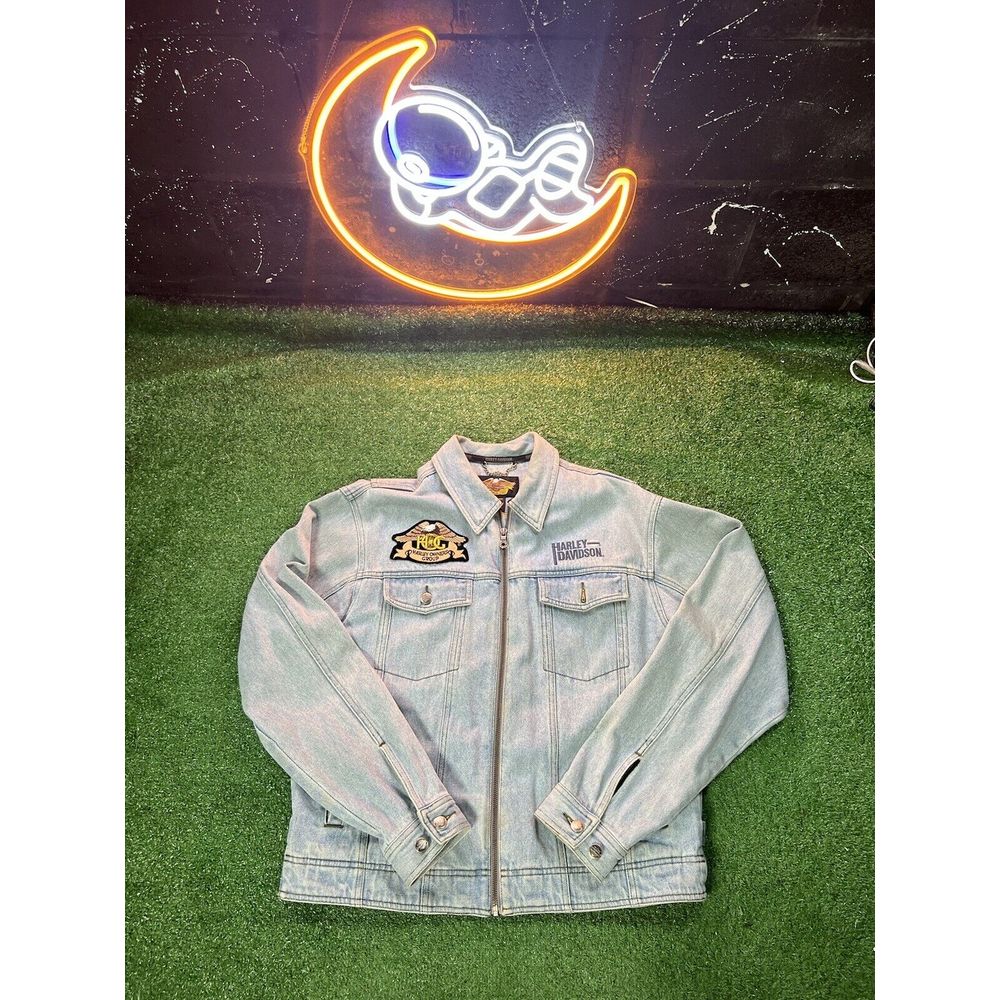 Harley Davidson Jean Trucker Jacket Men M Big Logo Zip Up